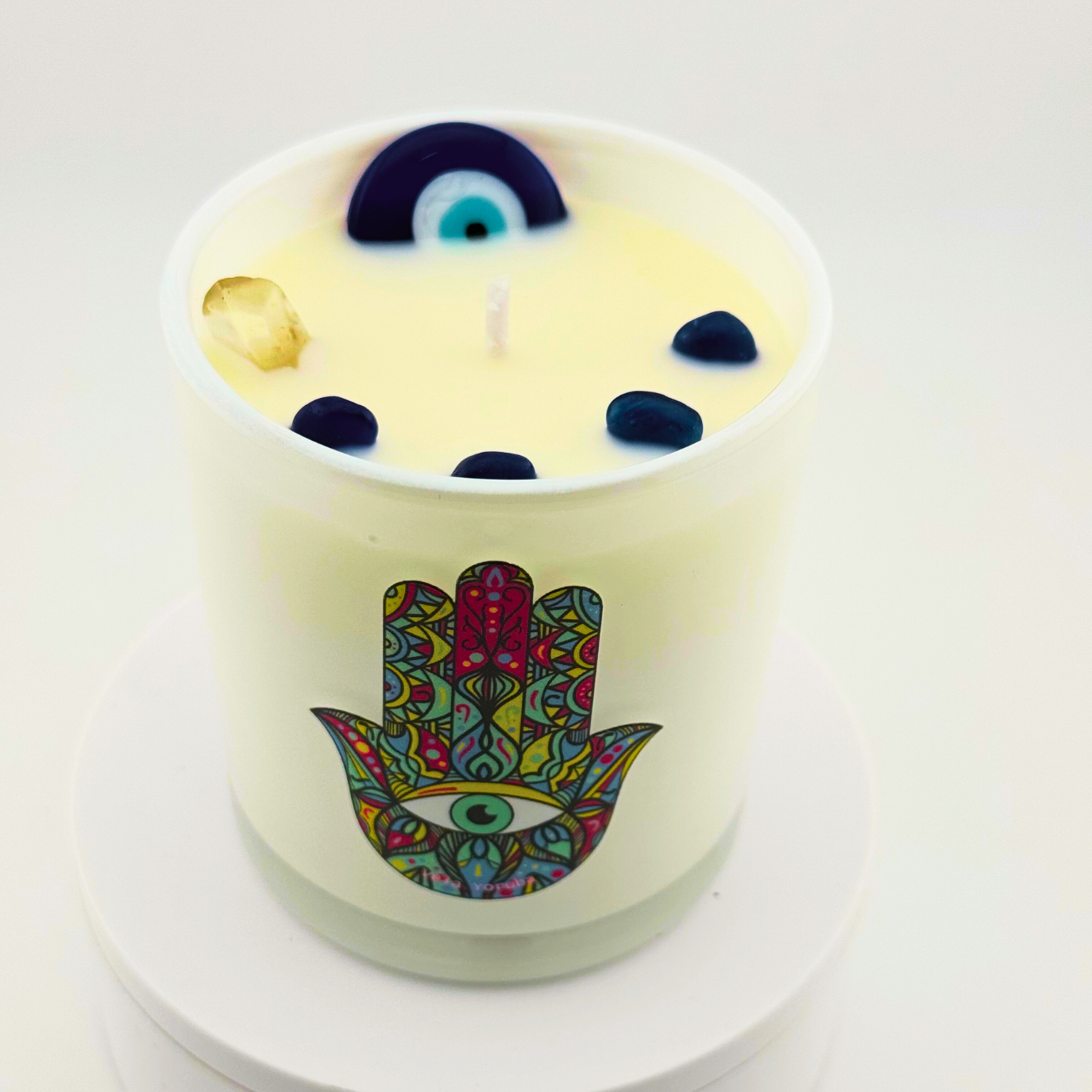 Vela Amuleto – Protección Espiritual con Ojo Turco y Mano de Fátima - Amulet Candle – Spiritual Protection with Evil Eye & Hamsa Hand
