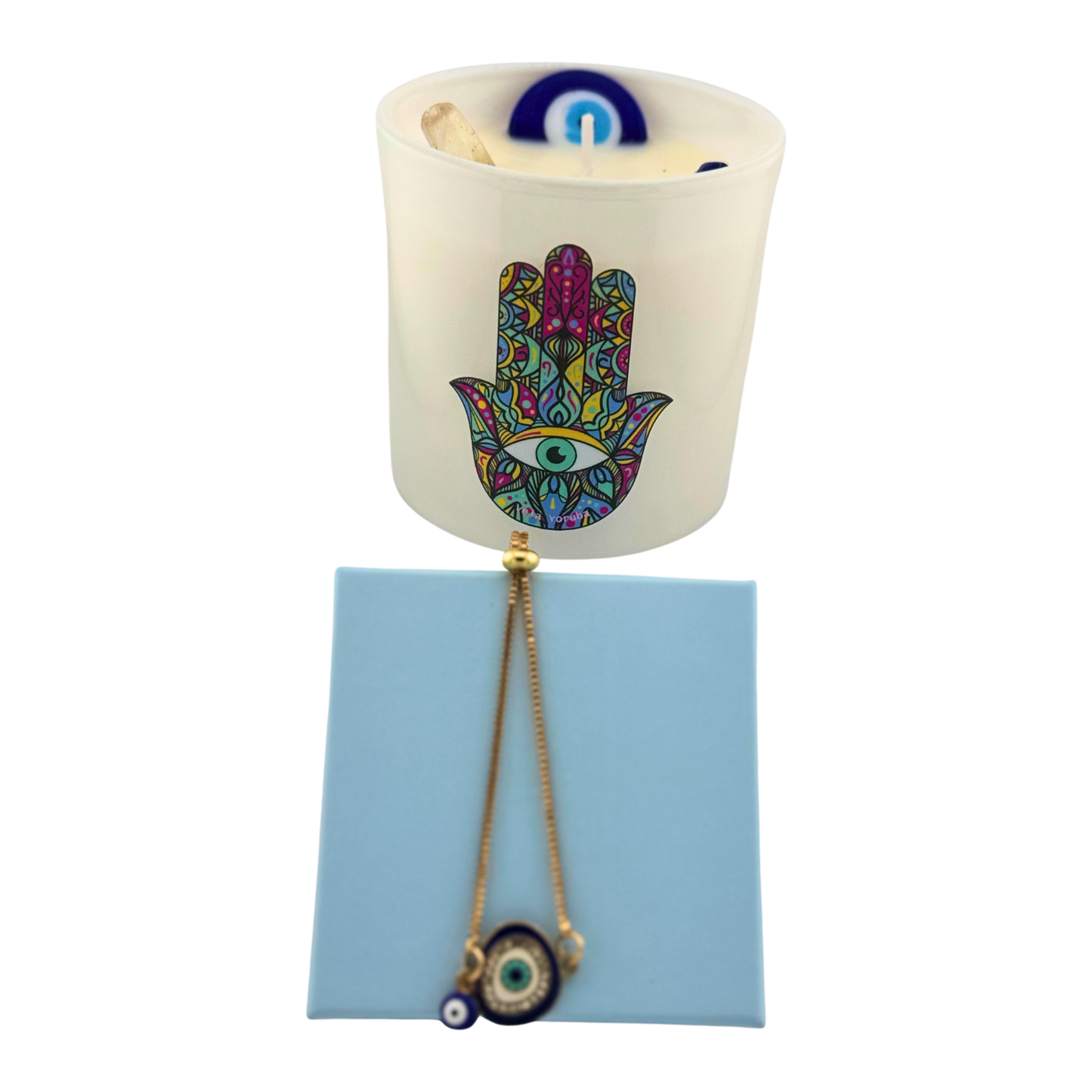 Vela Amuleto – Protección Espiritual con Ojo Turco y Mano de Fátima - Amulet Candle – Spiritual Protection with Evil Eye & Hamsa Hand