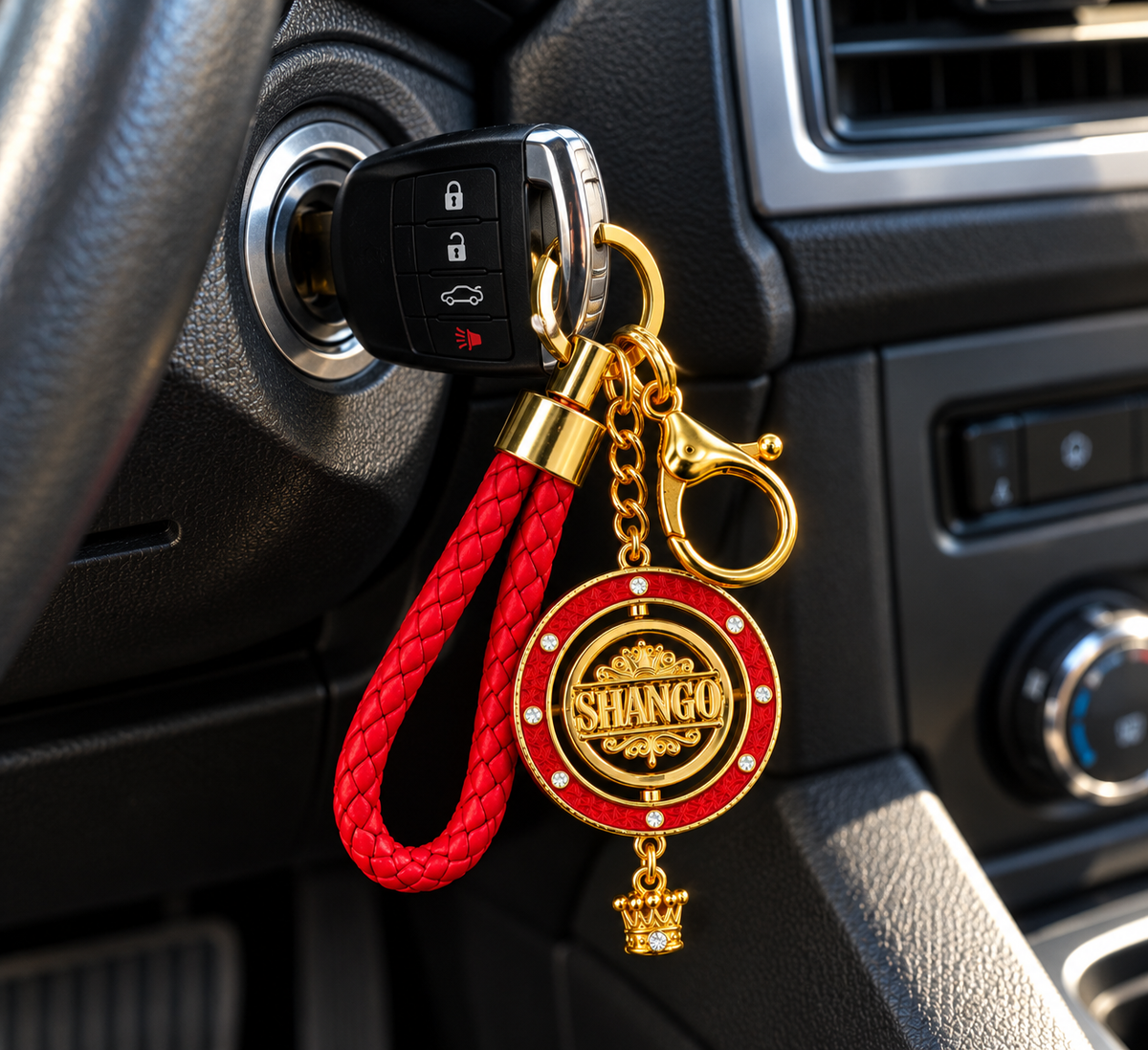Llavero Shangó Premium con Medallón Giratorio de 45 mm – Rojo y Dorado