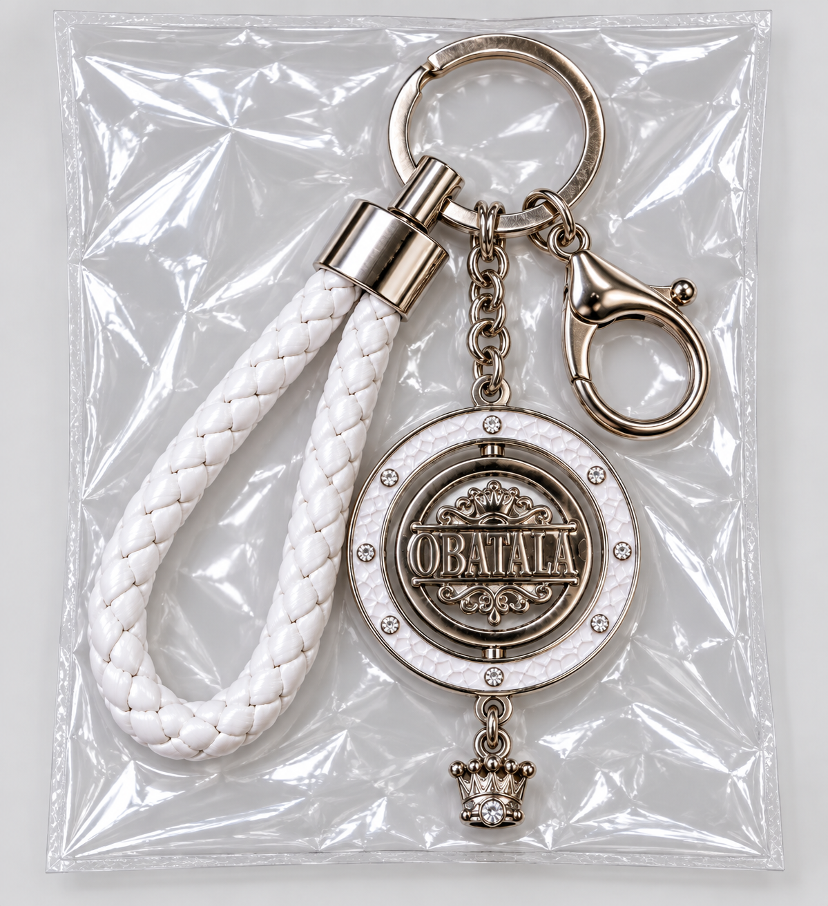 Llavero Obatalá Premium con Medallón Giratorio de 45 mm – Blanco y Dorado