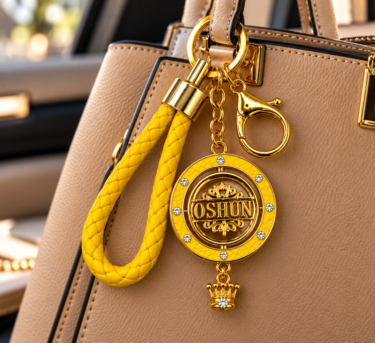 Llavero Oshún Premium con Medallón Giratorio de 45 mm – Amarillo y Dorado