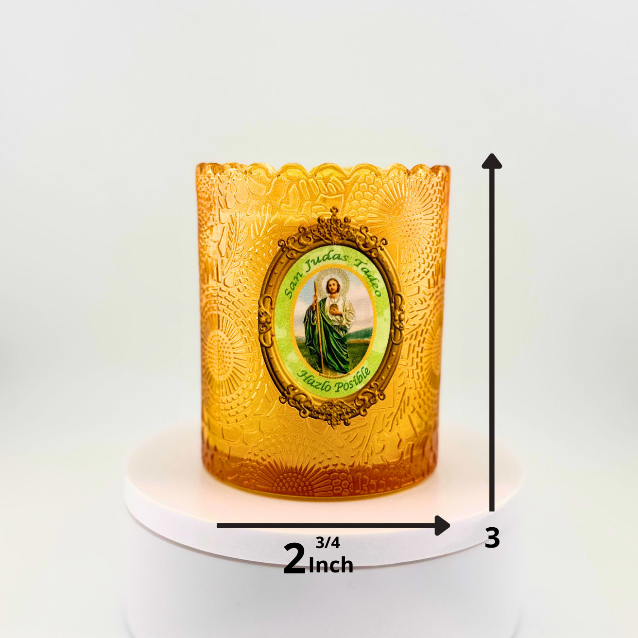 Vela para San Judas Tadeo Patrono de las causas imposibles y protector en los momentos de desesperación. Religious Prayer Candle, 3 x 4 inches, Decorative Glass Holder with Floral Pattern