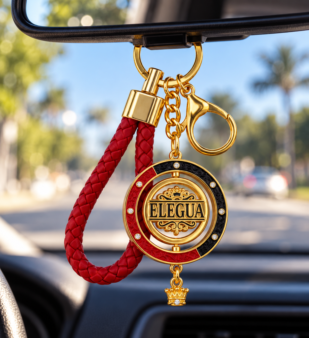 Llavero Eleguá Premium con Medallón Giratorio de 45 mm – Rojo, Negro y Dorado