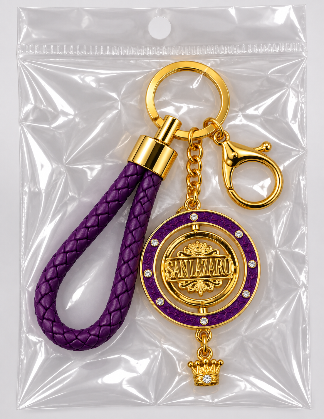 Llavero San Lázaro Premium con Medallón Giratorio de 45 mm – Morado y Dorado