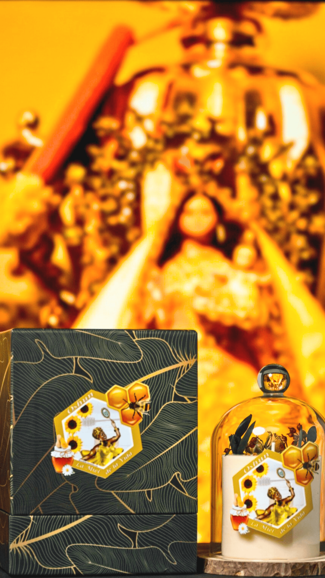 Vela Premium para Oshún de Santería y Orishas para Amor, Atracción y Dulzura Espiritual. Premium Oshun Candle for Santeria & Orishas for Love, Attraction & Spiritual Sweetness.
