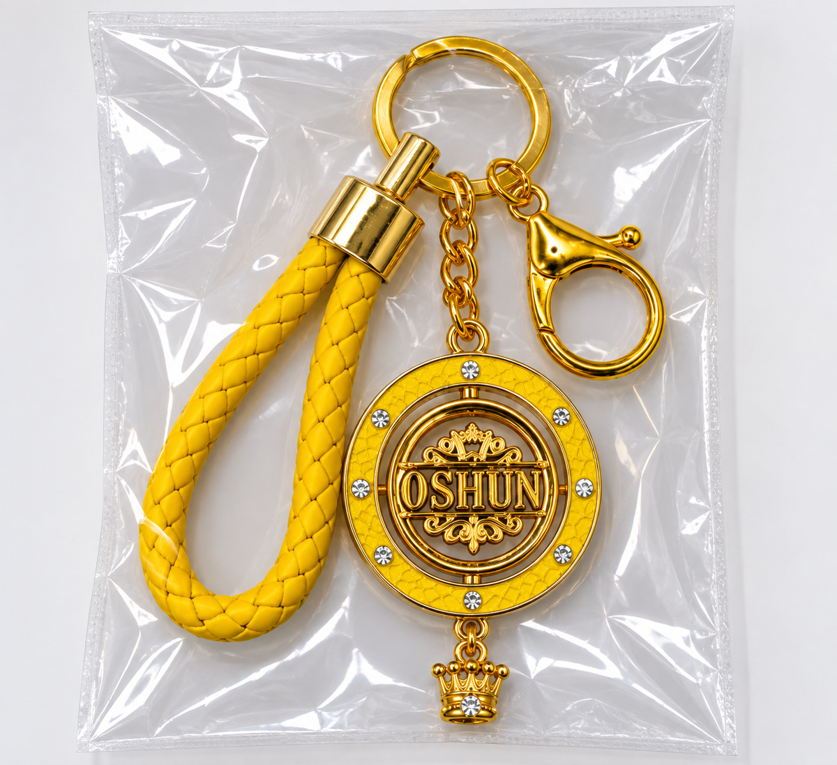 Llavero Oshún Premium con Medallón Giratorio de 45 mm – Amarillo y Dorado