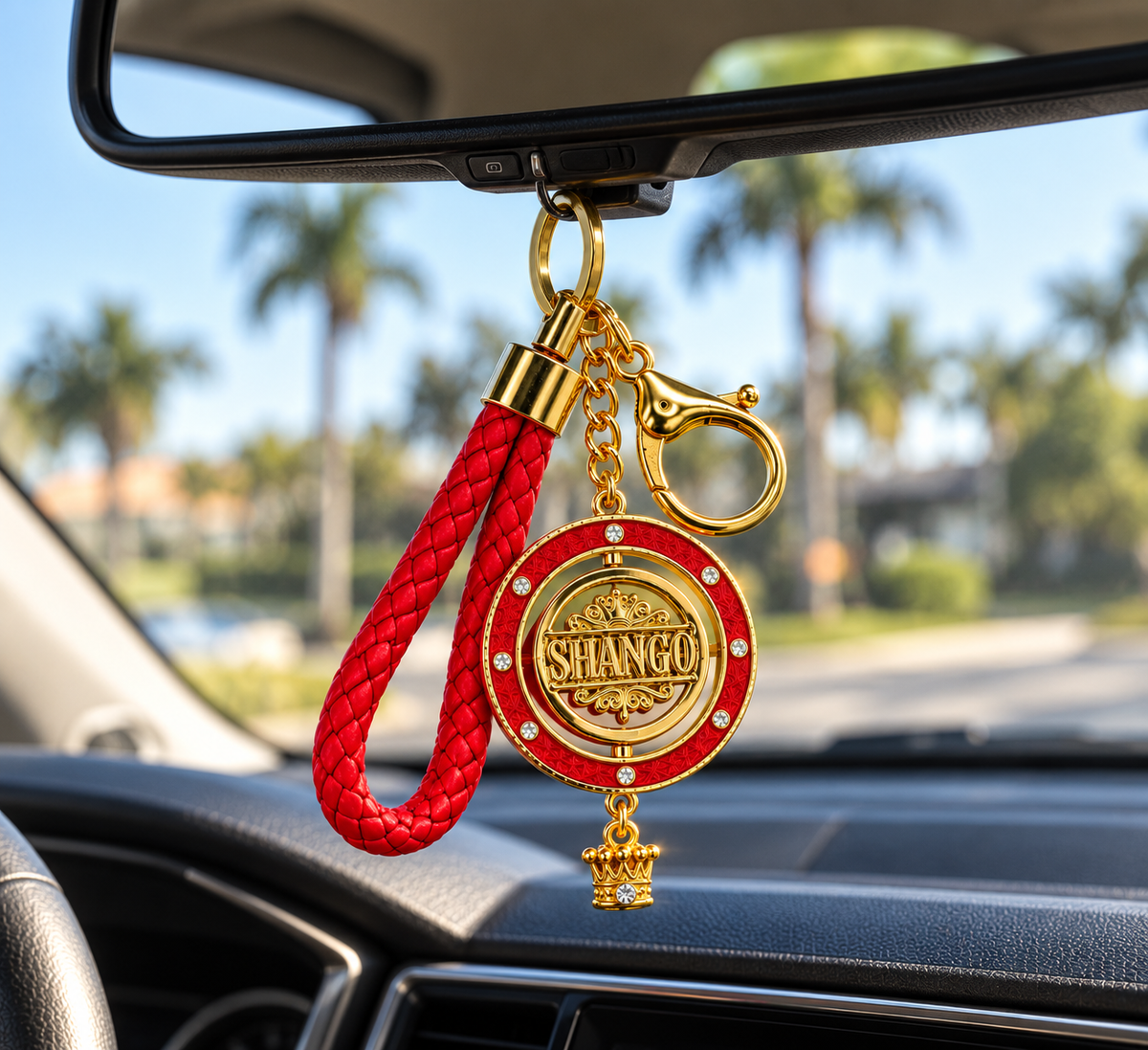 Llavero Shangó Premium con Medallón Giratorio de 45 mm – Rojo y Dorado
