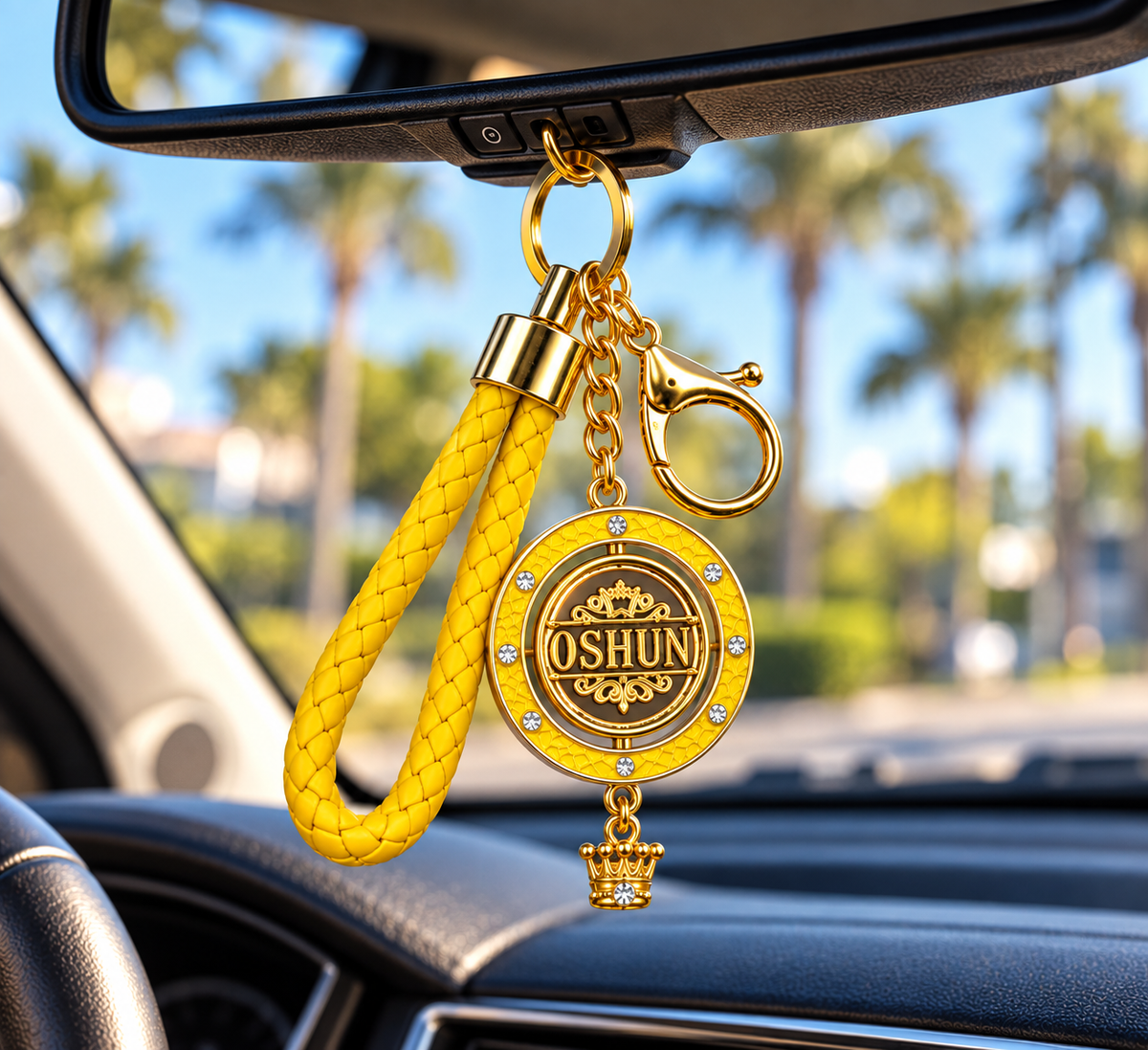Llavero Oshún Premium con Medallón Giratorio de 45 mm – Amarillo y Dorado
