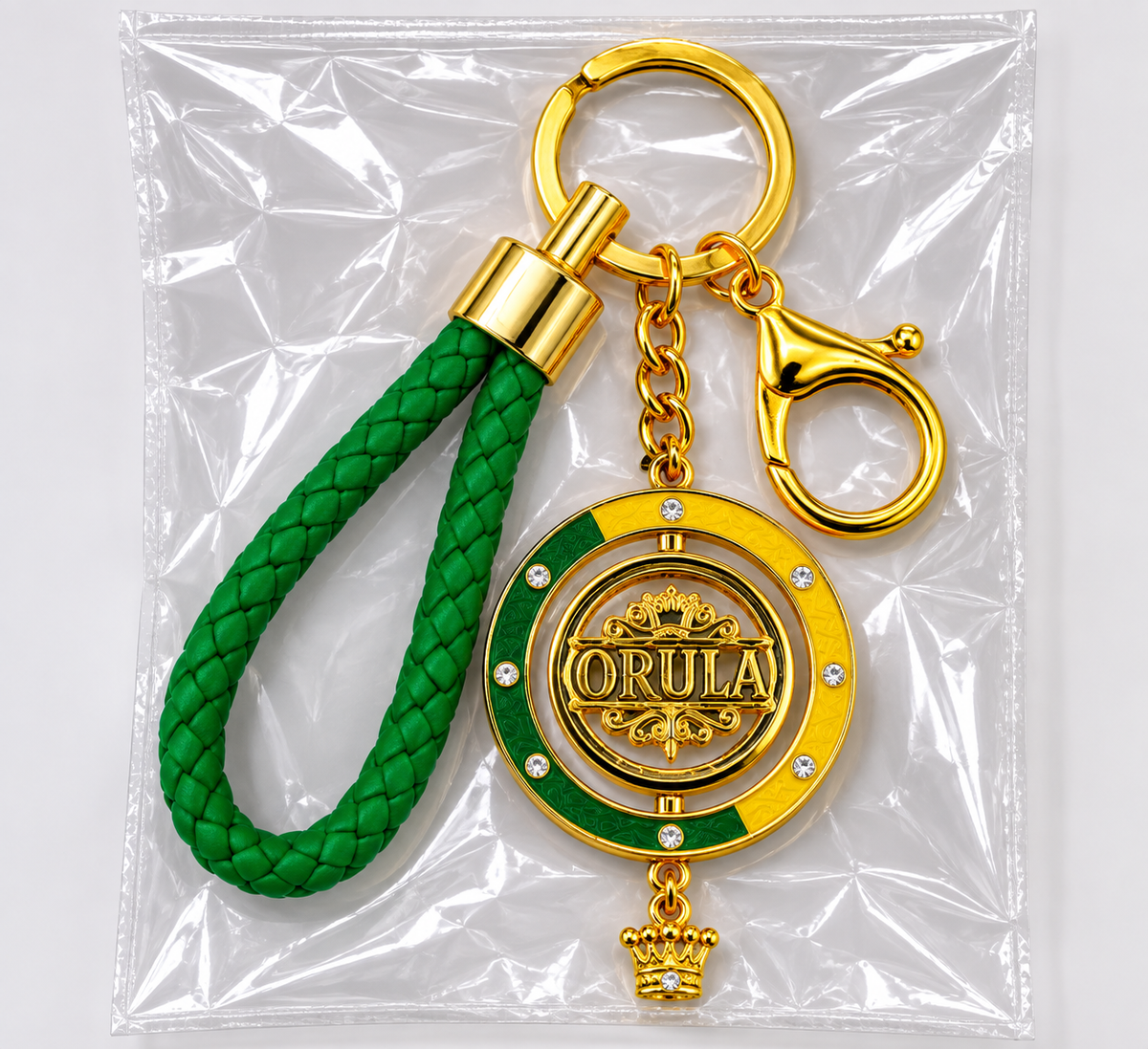 Llavero Orula Premium con Medallón Giratorio de 45 mm – Verde, Amarillo y Dorado