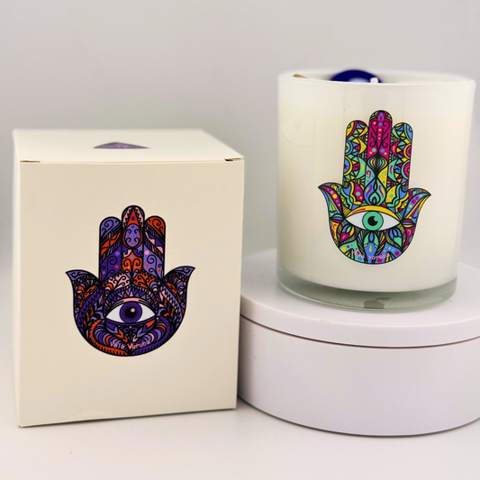 Vela Amuleto – Protección Espiritual con Ojo Turco y Mano de Fátima - Amulet Candle – Spiritual Protection with Evil Eye & Hamsa Hand