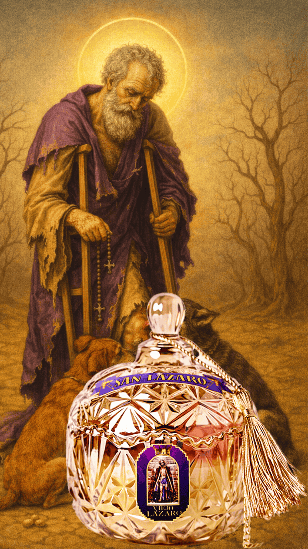 Vela premium dedicada a San Lázaro de Santería y Orishas para Protección, Salud, Fe y Bendiciones. Saint Lazarus Candle – Premium Santeria & Orisha Candle for Protection, Health, Faith & Blessings.
