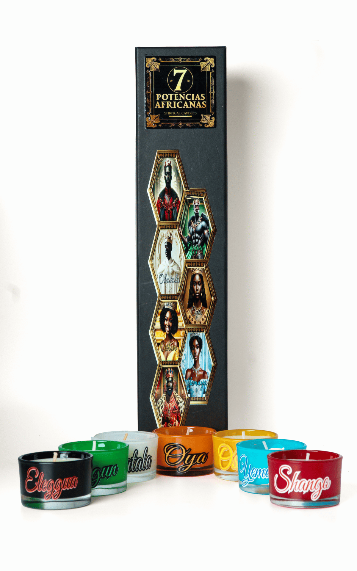 Set Premium de Velas de las Siete Potencias Africanas. Velas Espirituales para Protección, Fuerza y Equilibrio. Premium Seven African Powers. Spiritual Candles for Protection, Strength & Balance.