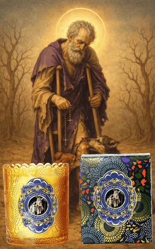Vela dedicada a San Lázaro – Vela Premium de Santería y Orishas para Protección, Salud, Fe y Bendiciones. Saint Lazarus Candle – Premium Santeria & Orisha Candle for Protection, Health, Faith & Blessings.