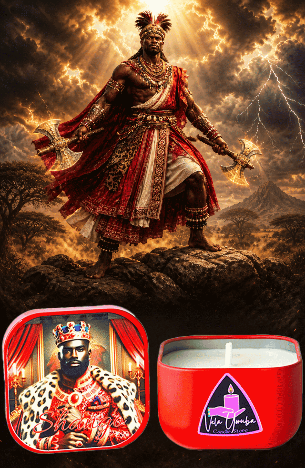Vela de 2 onzas para Shangó de Santería y Orishas para Pasión, Fuerza y Poder Espiritual. 2 ounce Shango Candle for Santeria & Orishas for Passion, Strength & Spiritual Power.