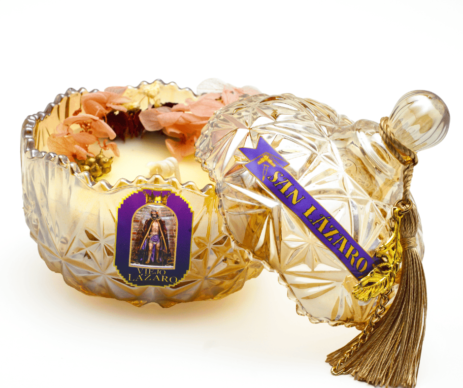 Vela premium dedicada a San Lázaro de Santería y Orishas para Protección, Salud, Fe y Bendiciones. Saint Lazarus Candle – Premium Santeria & Orisha Candle for Protection, Health, Faith & Blessings.