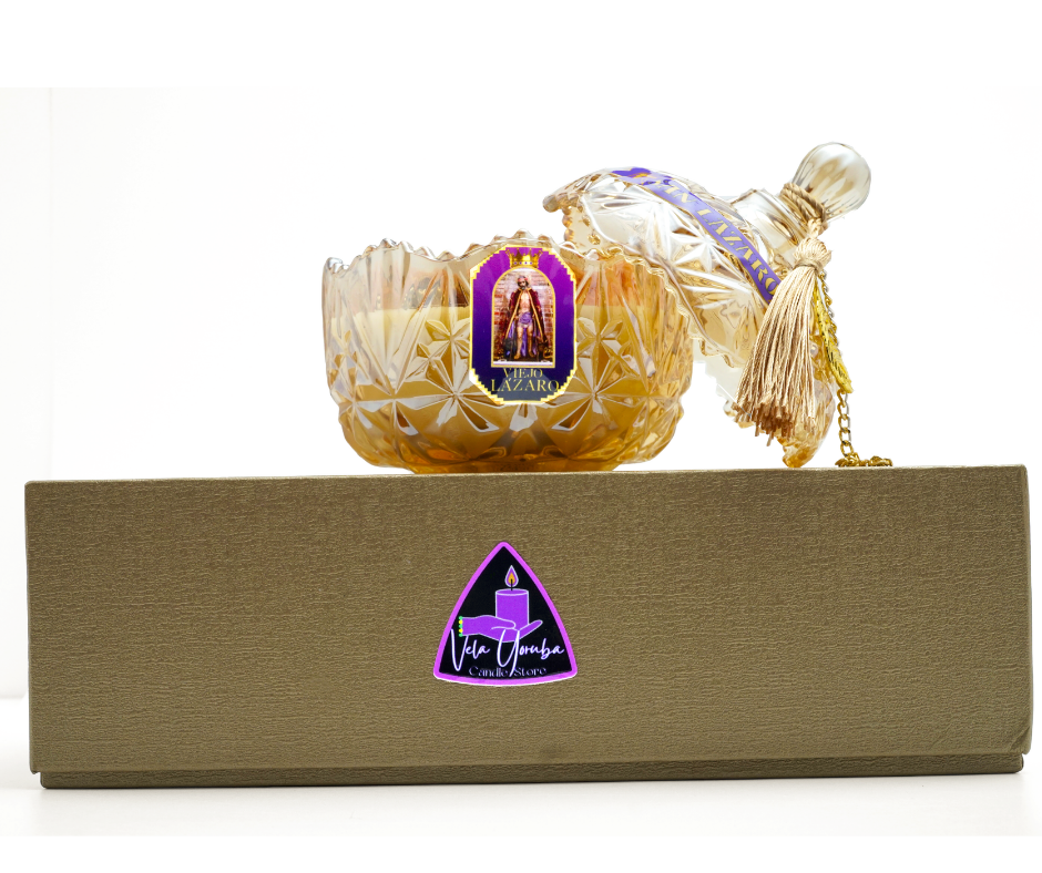 Vela premium dedicada a San Lázaro de Santería y Orishas para Protección, Salud, Fe y Bendiciones. Saint Lazarus Candle – Premium Santeria & Orisha Candle for Protection, Health, Faith & Blessings.