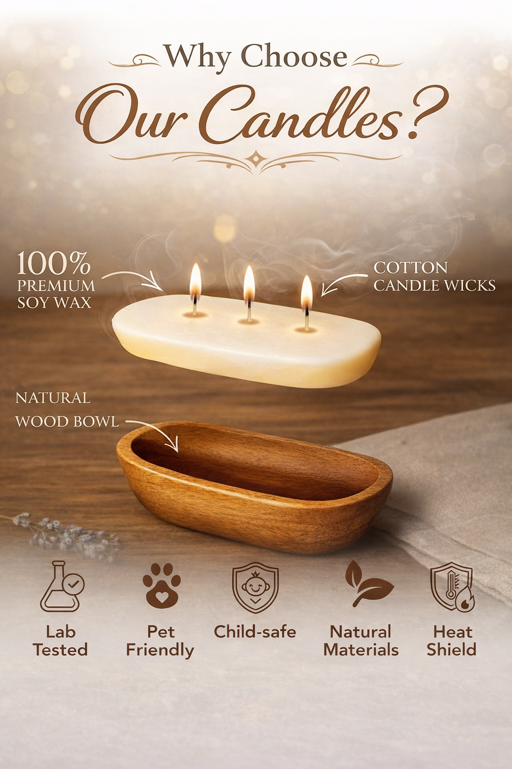 Vela aromática de cera de soja con aroma fresco en cuenco de madera – Fragancia limpia para el hogar, vela decorativa grande, regalo ideal para mujeres