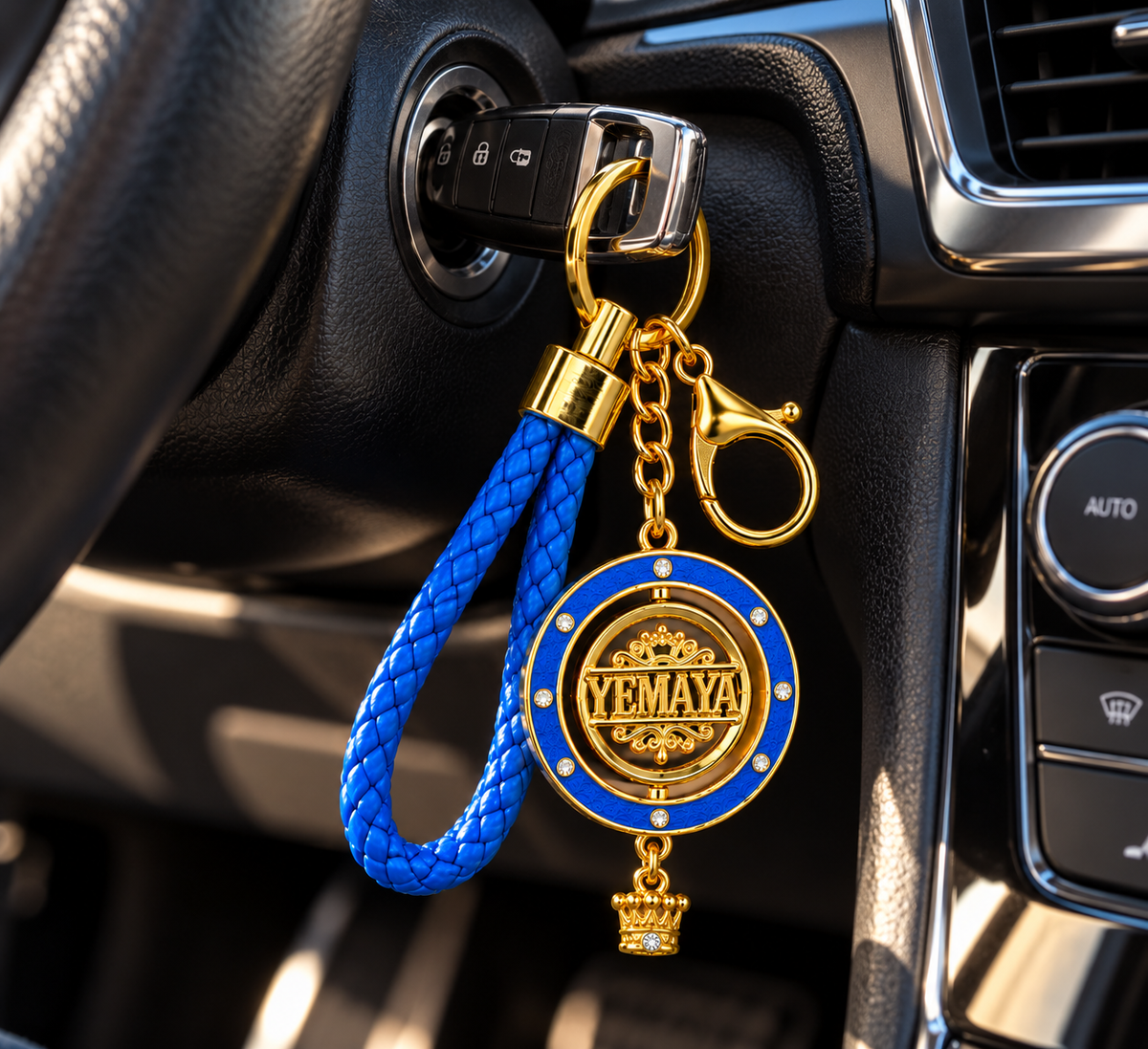 Llavero Yemayá Premium con Medallón Giratorio de 45 mm – Azul y Dorado