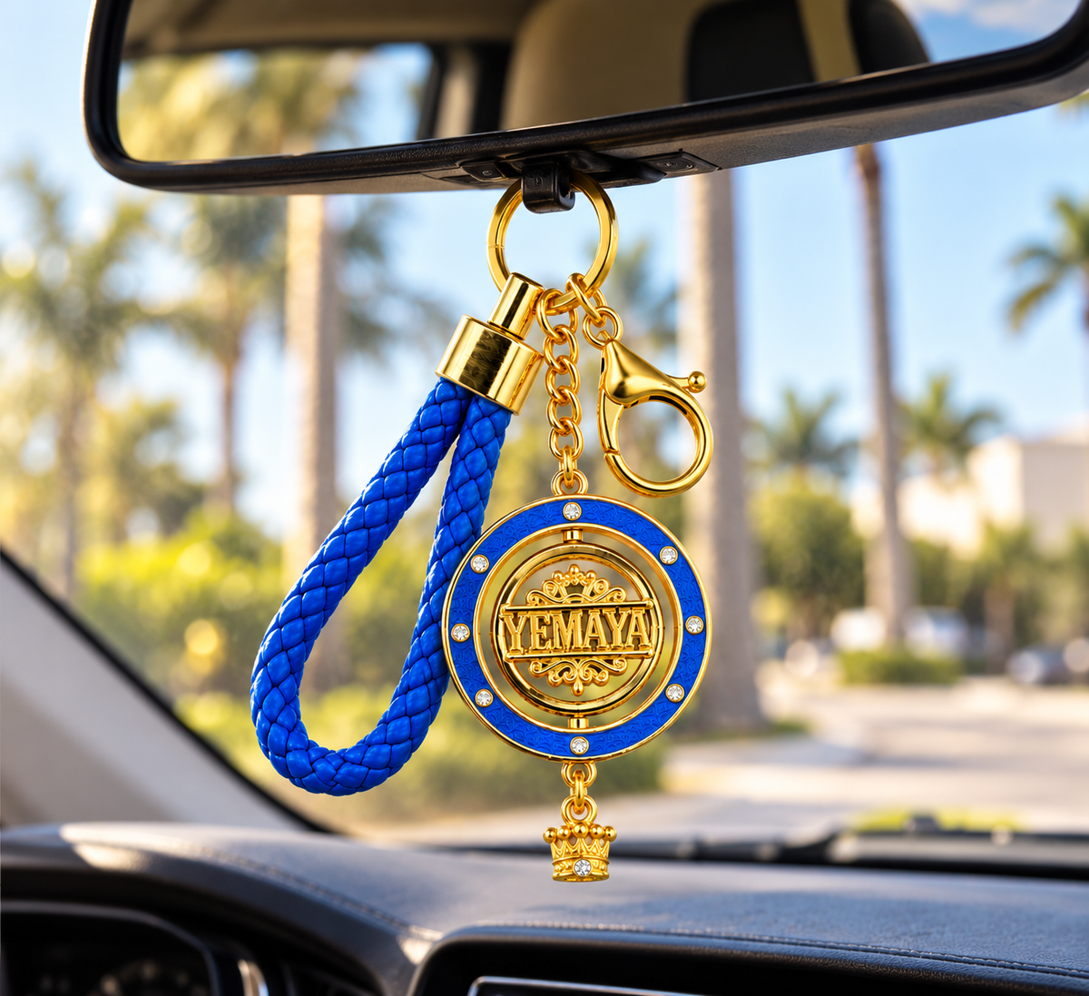 Llavero Yemayá Premium con Medallón Giratorio de 45 mm – Azul y Dorado