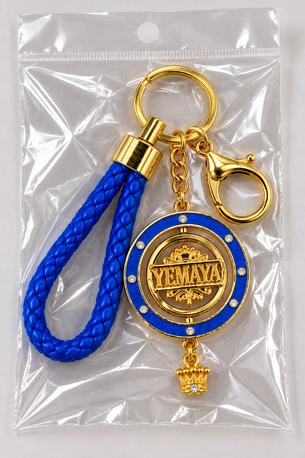 Llavero Yemayá Premium con Medallón Giratorio de 45 mm – Azul y Dorado