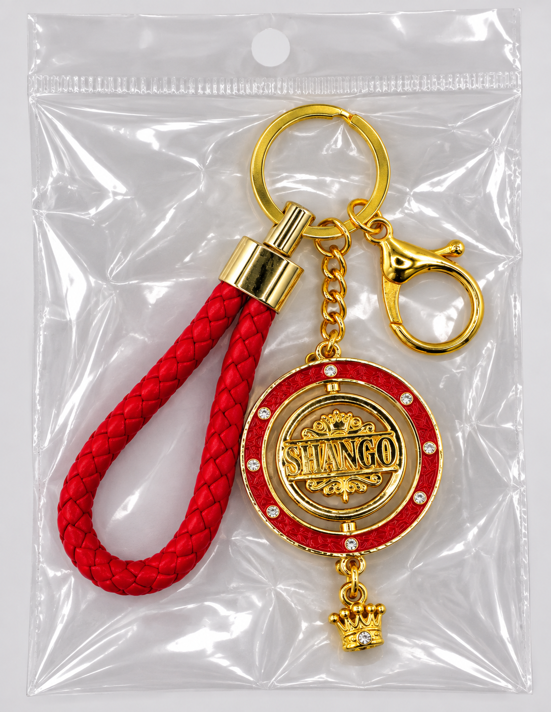 Llavero Shangó Premium con Medallón Giratorio de 45 mm – Rojo y Dorado