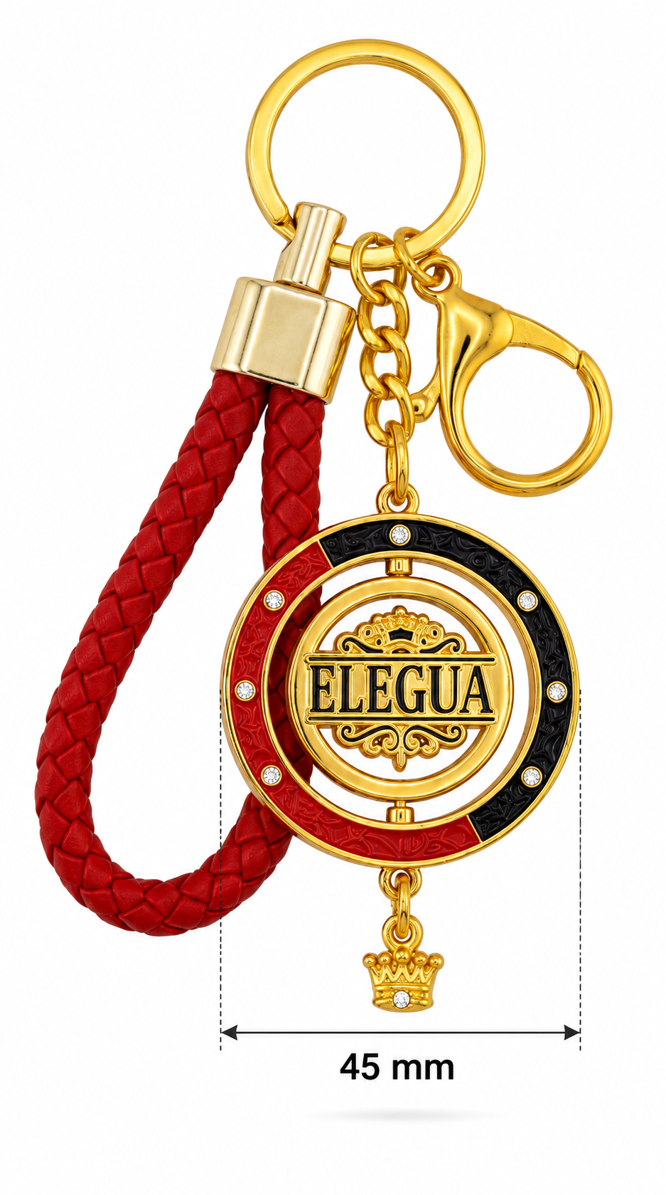Llavero Eleguá Premium con Medallón Giratorio de 45 mm – Rojo, Negro y Dorado