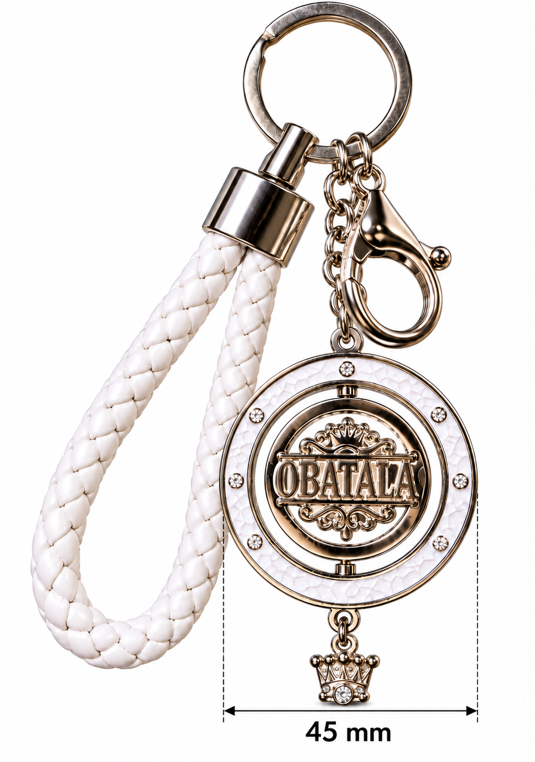 Llavero Obatalá Premium con Medallón Giratorio de 45 mm – Blanco y Dorado