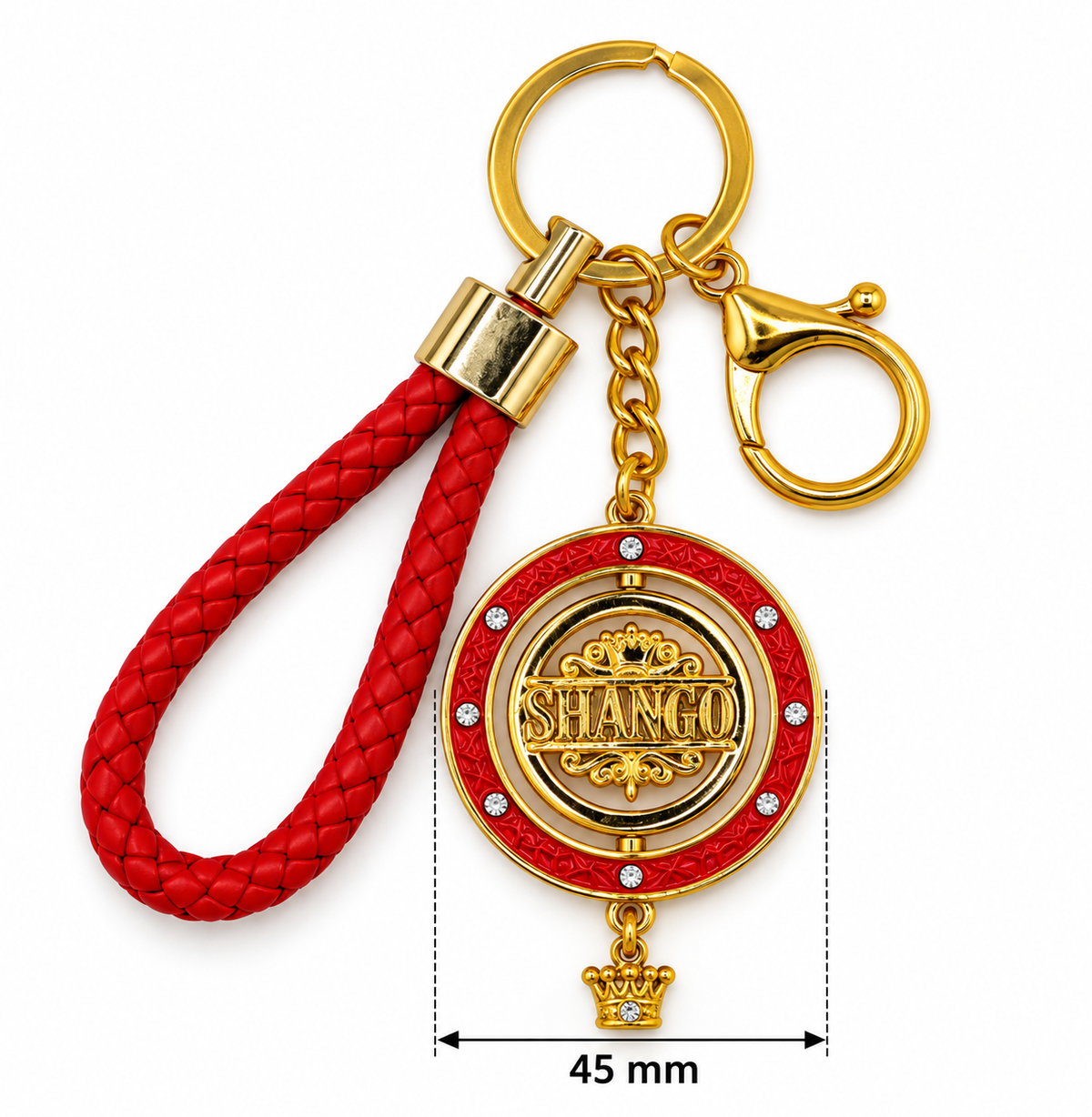 Llavero Shangó Premium con Medallón Giratorio de 45 mm – Rojo y Dorado