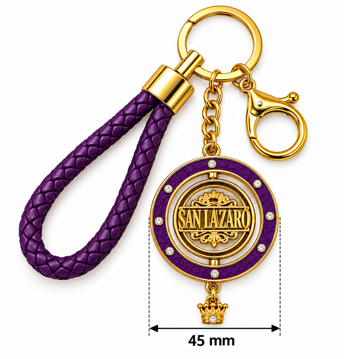 Llavero San Lázaro Premium con Medallón Giratorio de 45 mm – Morado y Dorado