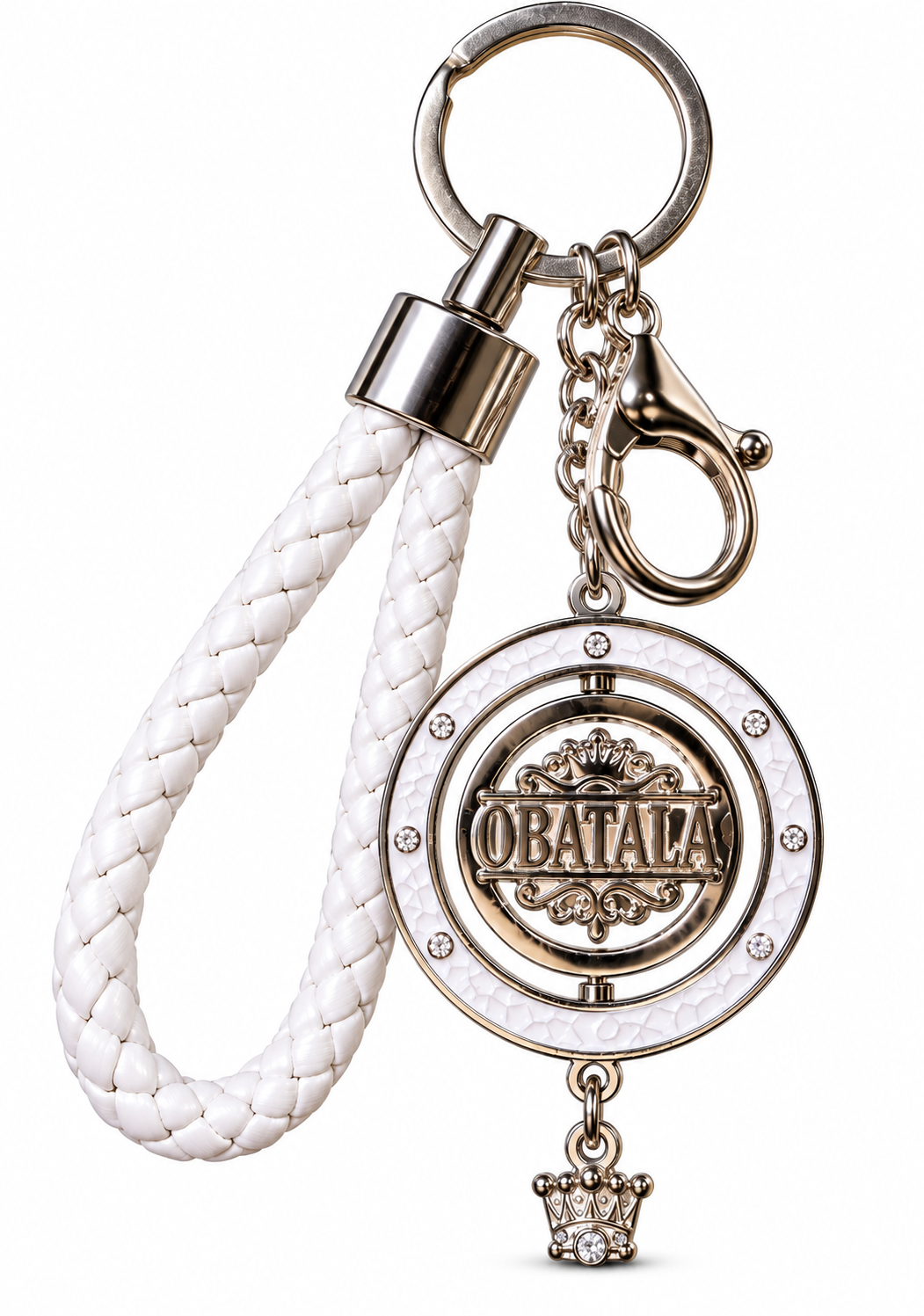Llavero Obatalá Premium con Medallón Giratorio de 45 mm – Blanco y Dorado