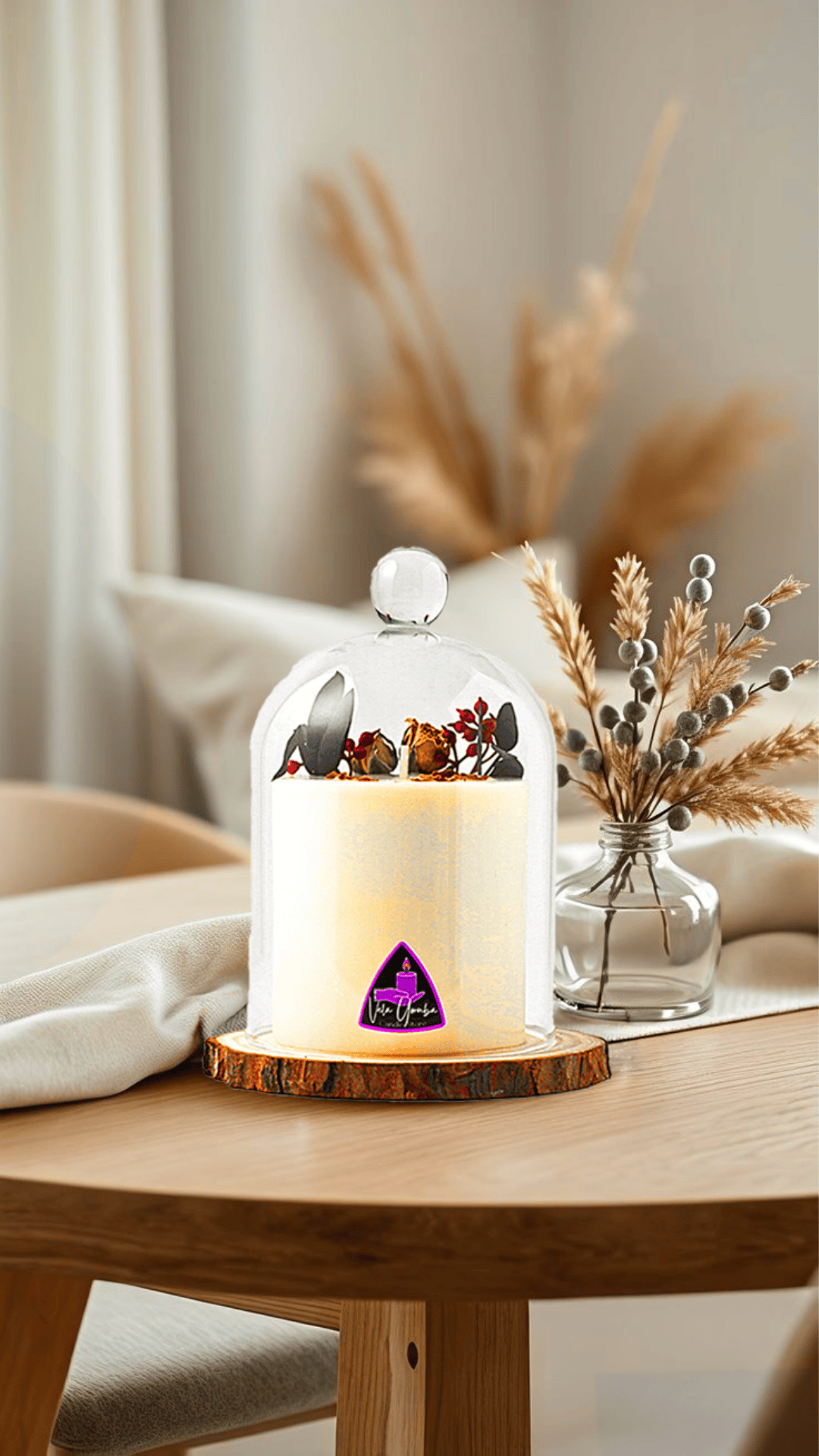 Vela Aromática Premium con Campana de Cristal y Base de Madera – Cera de Soja Decorativa / Premium Scented Candle with Glass Dome and Wooden Base – Decorative Soy Wax Candle