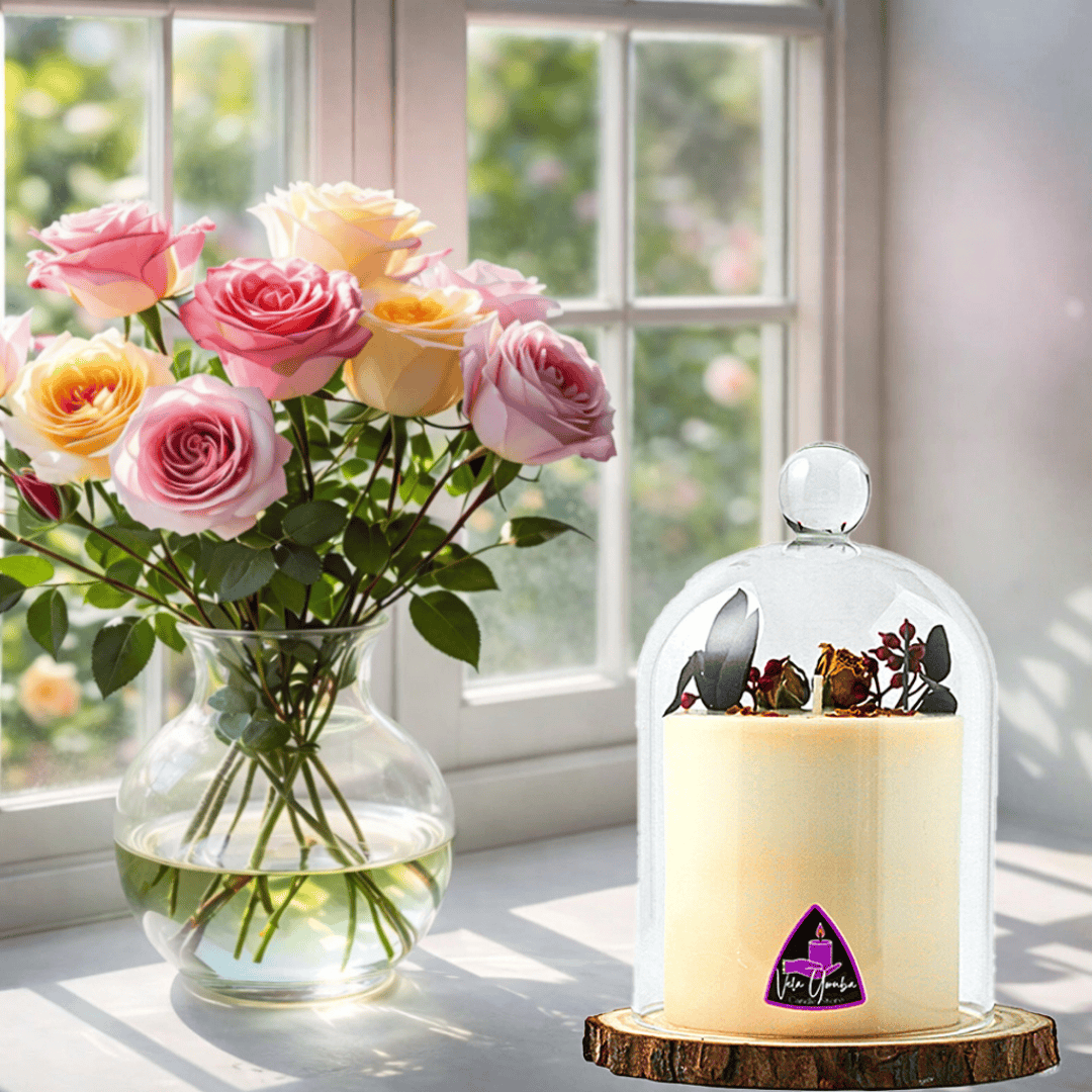 Vela Aromática Premium con Campana de Cristal y Base de Madera – Cera de Soja Decorativa / Premium Scented Candle with Glass Dome and Wooden Base – Decorative Soy Wax Candle