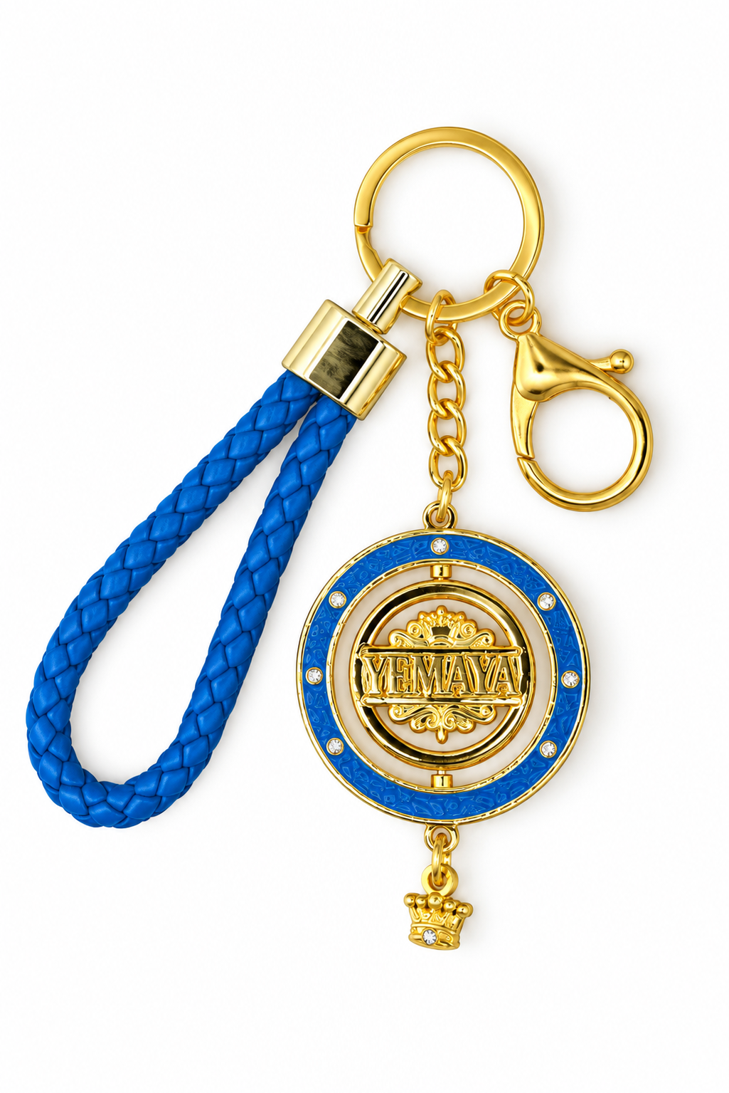 Llavero Yemayá Premium con Medallón Giratorio de 45 mm – Azul y Dorado