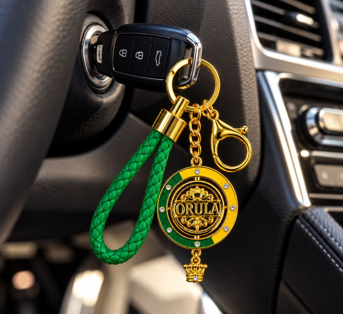 Llavero Orula Premium con Medallón Giratorio de 45 mm – Verde, Amarillo y Dorado