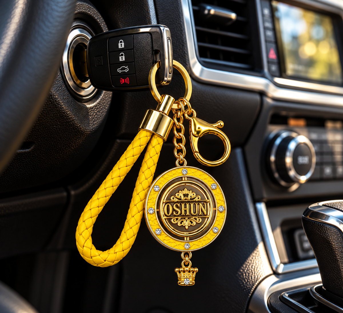 Llavero Oshún Premium con Medallón Giratorio de 45 mm – Amarillo y Dorado