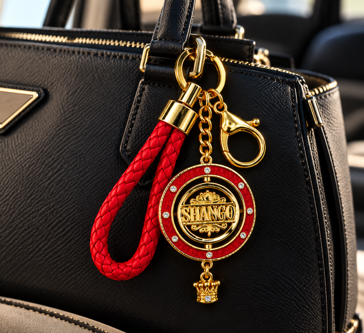Llavero Shangó Premium con Medallón Giratorio de 45 mm – Rojo y Dorado